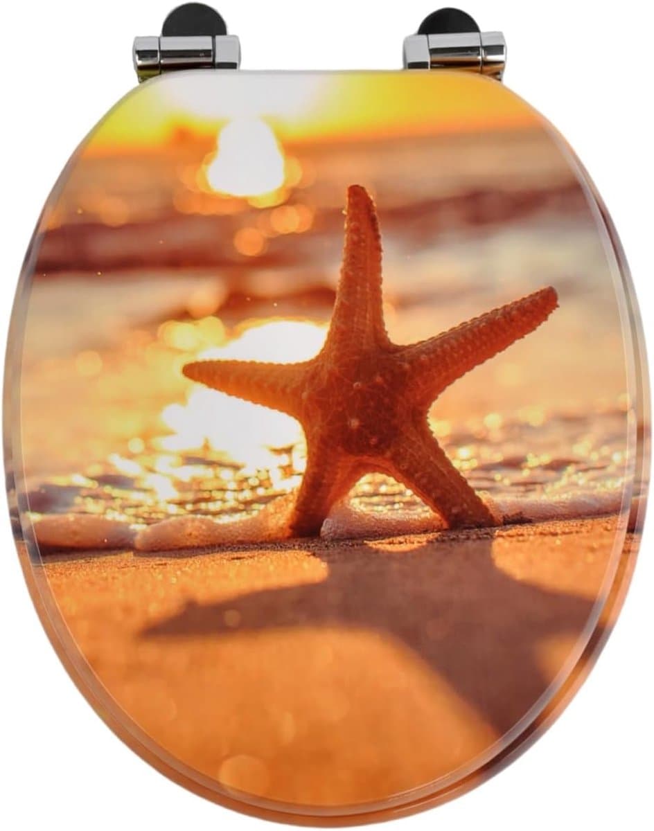 Namajunas - WC-brillen - Wc bril softclose - Toilet bril - Universele vorm WC Bril - MDF hout - Antibacterieel - Zeester op het strand - Met Deksel - RVS Bevestiging - Easy Clean - Snelle montage en demontage - Inclusief Bevestigingsmateriaal