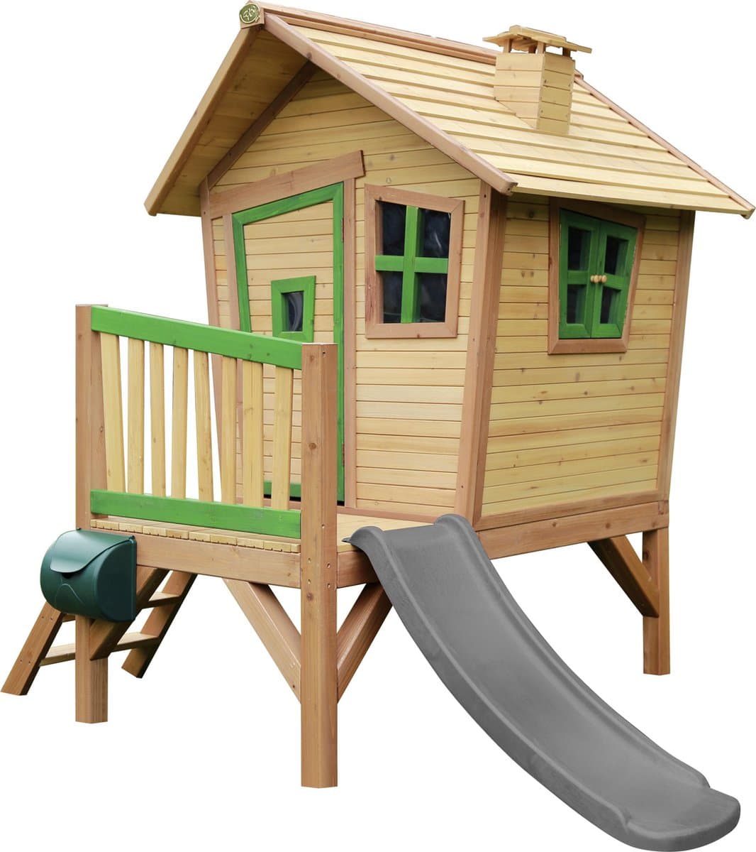 AXI Robin Speelhuis in Bruin/Groen - Met Verdieping en Grijze Glijbaan - Speelhuisje voor de tuin / buiten - FSC hout - Speeltoestel voor kinderen