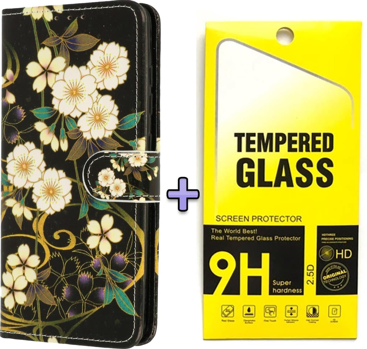 HB Hoesje Geschikt voor Samsung Galaxy S21 Plus met Print - Portemonnee Book Case - Kaarthouder & Magneetlipje - Wilde Bloemen & Glazen Screenprotector