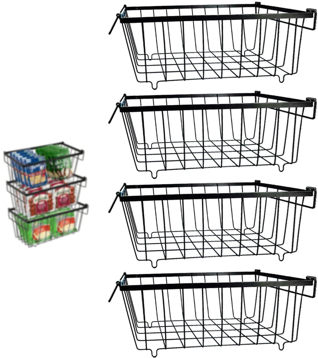 4 Delige Stapelbare Vriesmand - Koelkastmand - Vrieskast Organizer - Stapelbare Koelkast Organizer Met Opvouwbare Handgreep - Voedsel Sorteerbak - Ruimtebesparende Diepvries En Koelkast Organizer - Zwart