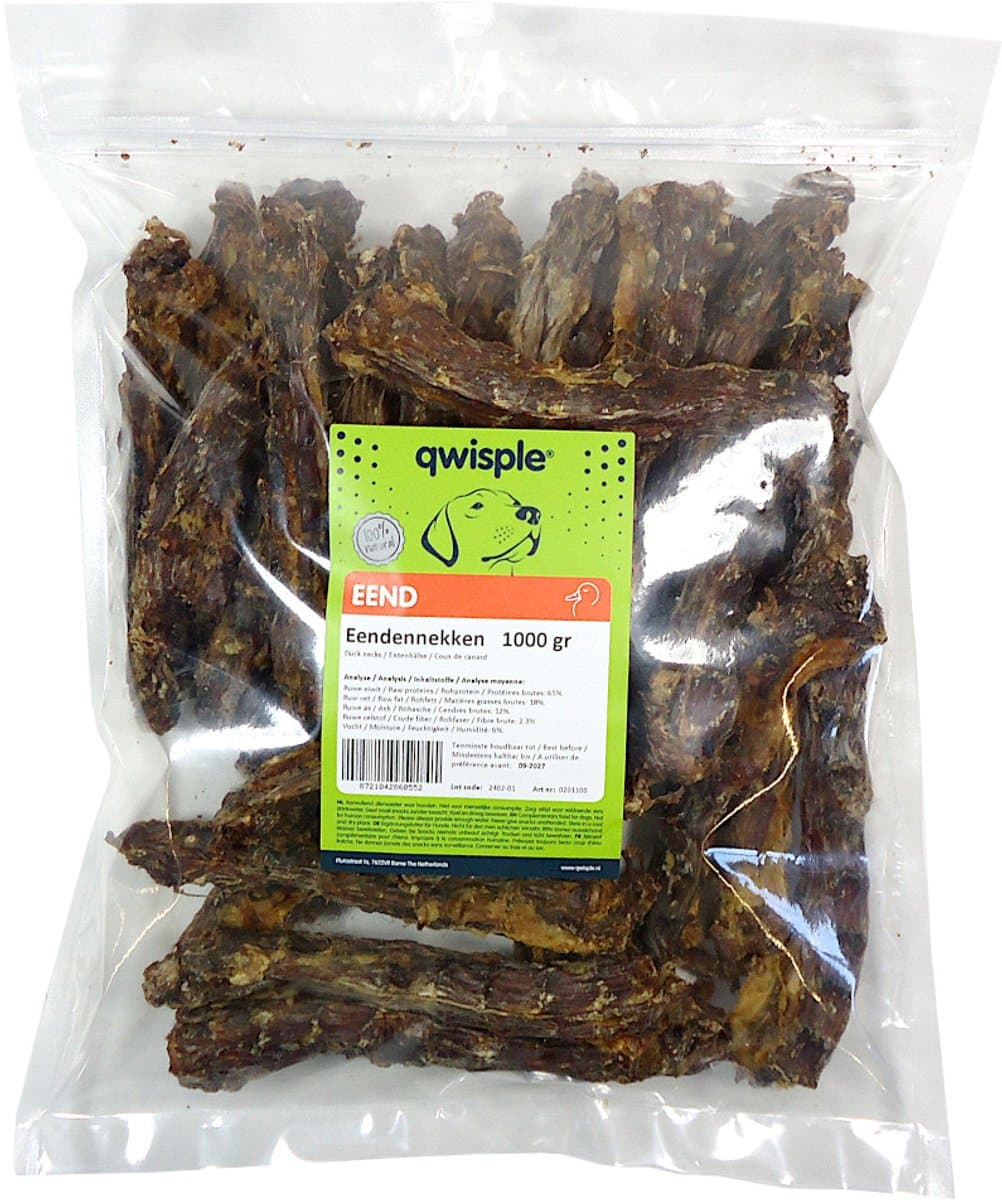 Qwisple Eendennekken - Hondensnacks Gedroogd Eend - 1000 gr