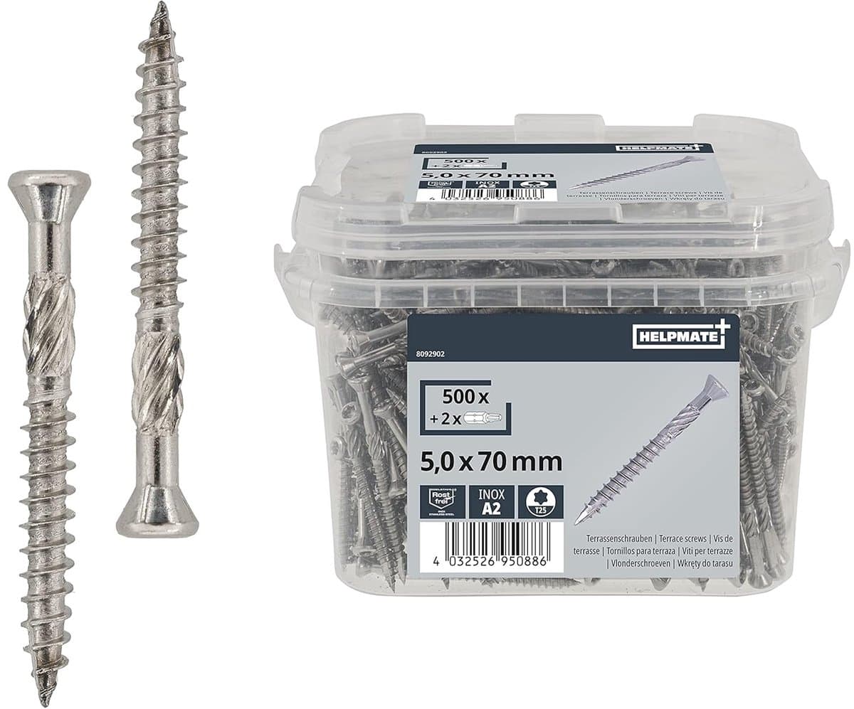 HELPMATE – Terrasschroeven 5x70 roestvrij staal A2 – 500 stuks plankenschroeven + 2 T25-bits – Terrasschroeven voor buitengebruik (terrasbouw, tuinhuisjes, houtconstructies enz.)