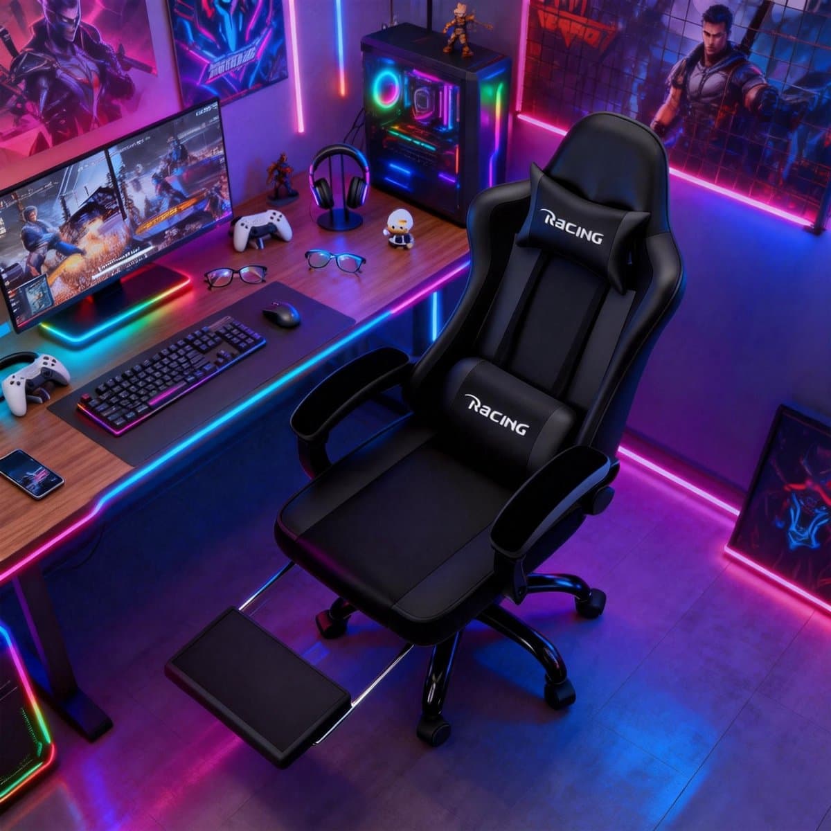 Elekiatech Gaming Stoel - Gamestoel mit 90°-170° Rugleuning - Gaming Chair met Inklapbare Voetensteun - Game Stoel met Zachte Armleuningen - Max. Draagvermogen 150 kg