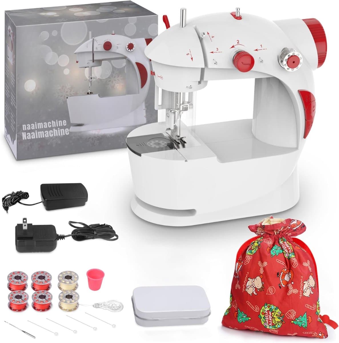 Florixa® Kindernaaimachine – Naaimachine voor Kinderen met Voetpendaal – Mini Naaimachine met Vele Accessoires – Wit/Rood - 18cm x 10cm x 22cm