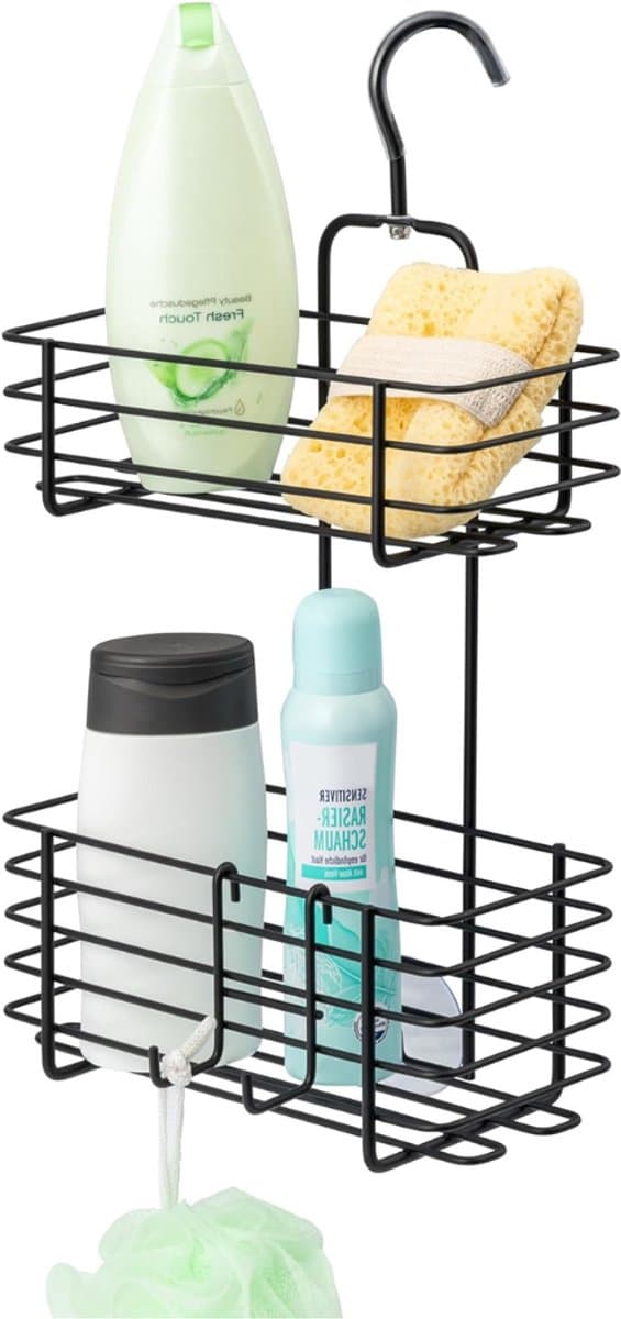 Aura® Doucherek aan Douchewand - Hangend Badkamerrek – Deurrek Met Mandjes – Zwart - 44cm x 27cm x 14cm