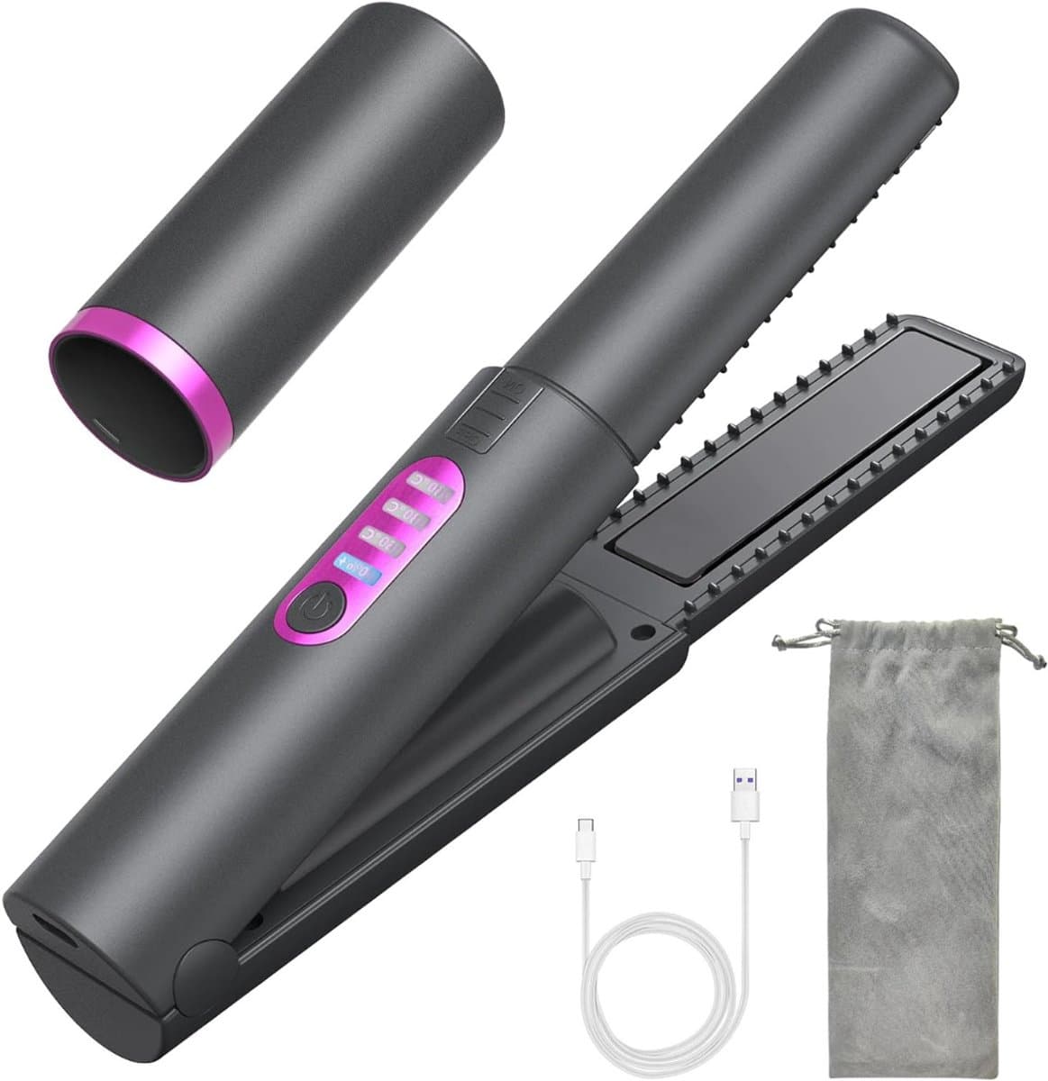 Aura® Draadloze Stijltang - Stijlborstel – Snoerloze Krultang - stoomstijltang - Mini Stijltang - Reis Stijltang - Krullen en Stijlen - Hair Straightener - Zwart - 22cm x 5cm x 5cm; 260 g