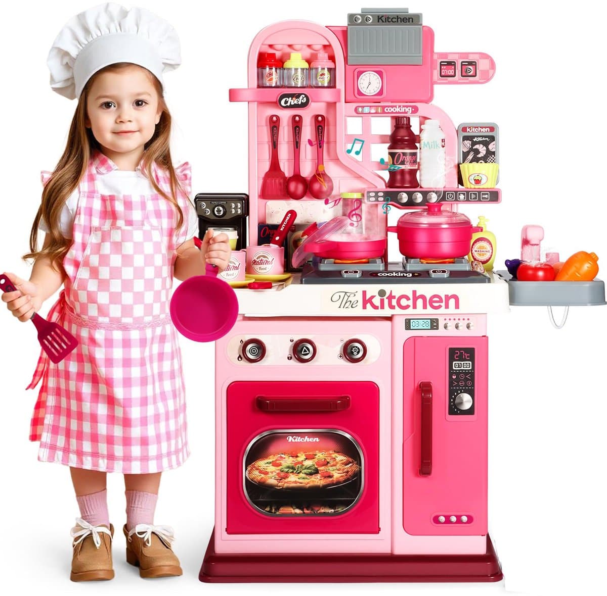 53-delige speelkeukenset voor kinderen - 69 cm speelkeuken met geluid en licht, kookplaat, speelgootsteen, oven, keukenspeelgoed, fantasiespel, keukenspeelgoed voor peuters van 1, 2 en 3 jaar (roze)