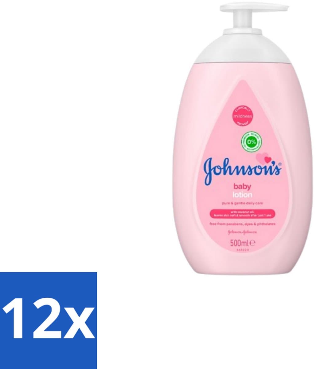 12 x Johnson’s Baby – Bodylotion – Zacht & Verzorgend – 500 ml - Babyhuid Verzorging - Baby Lotion - Kokosolie - Huidhydratatie - Zachte Huid