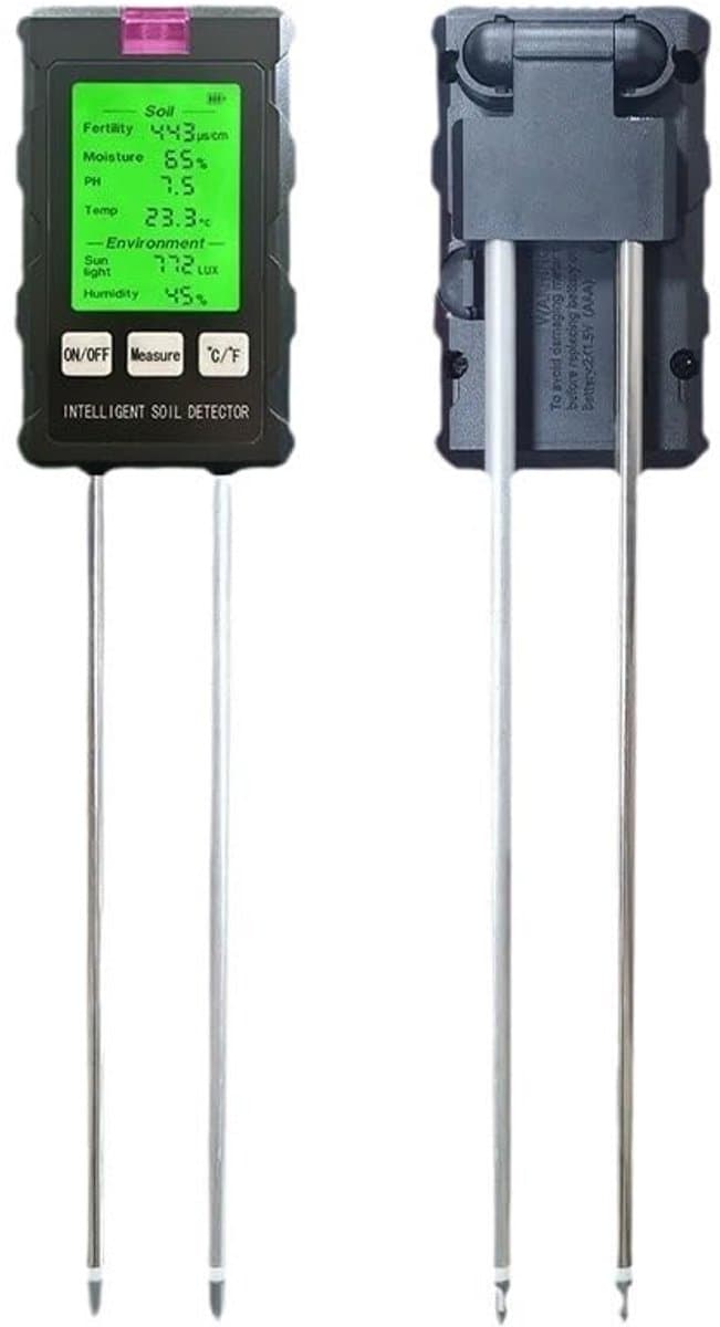 Ensemble de test de sol 6 en 1 - Testeur de pH du sol - Humidimètres - Humidimètre pour plantes - Testeur d'humidité du sol - Testeur de pH - Testeur d'intensité lumineuse - Testeur de fertilité - Écran LCD - Hygromètre - Zwart