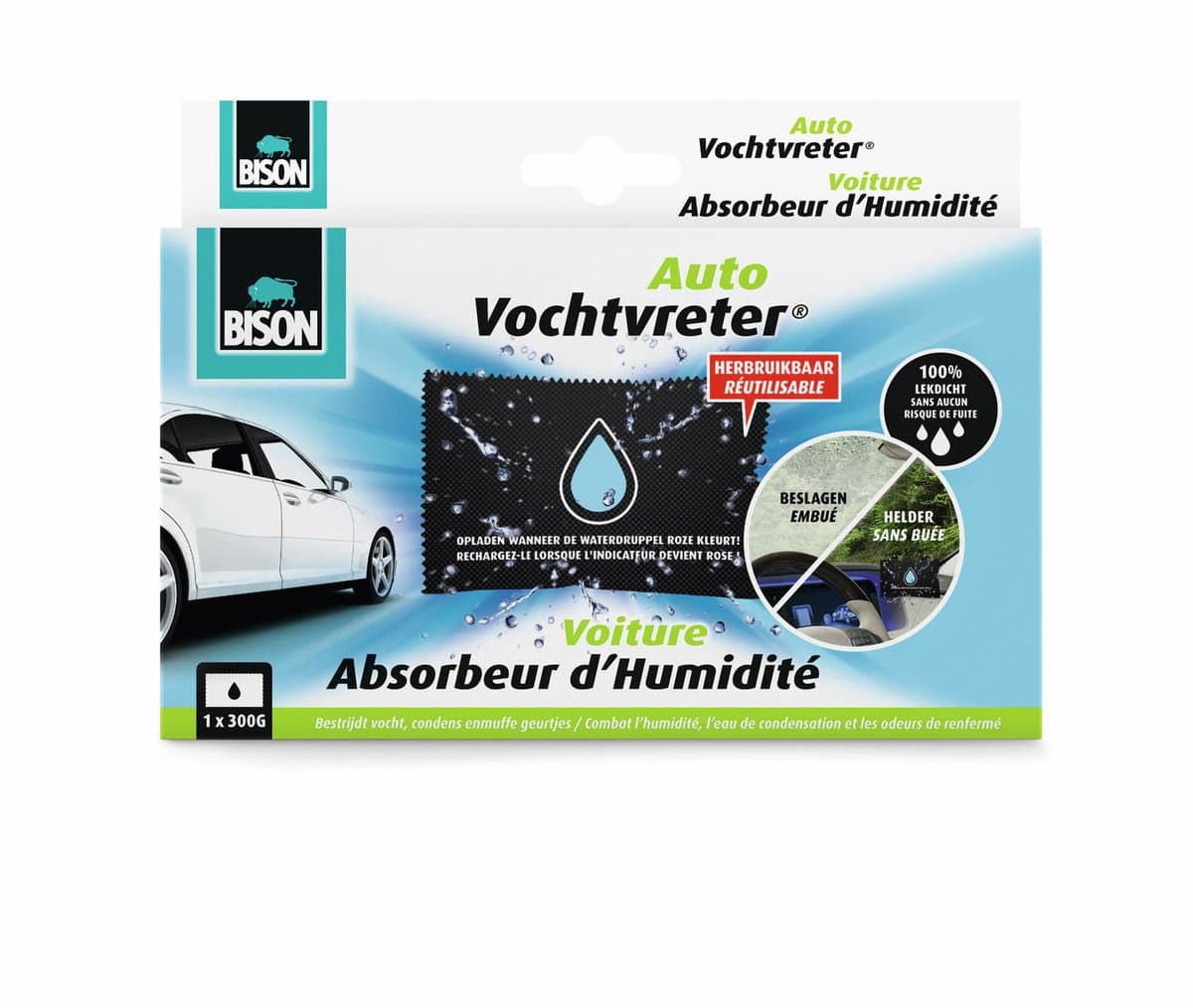 Bison Vochtvreter® Auto, luchtonvochtiger speciaal voor in de auto, bestrijdt vocht en condens in auto's, herbruikbaar, 300g, eenvoudig en veilig in gebruik
