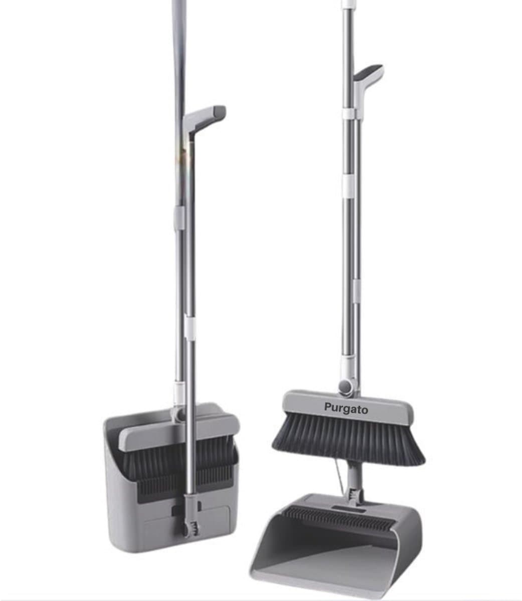 Purgato 4-in-1 Stoffer en Blik met Lange Steel - Harde Schrobborstel - Vloerwisser - Ingebouwde Schraper - Alles in 1 - Binnen & Buiten - Donkergrijs