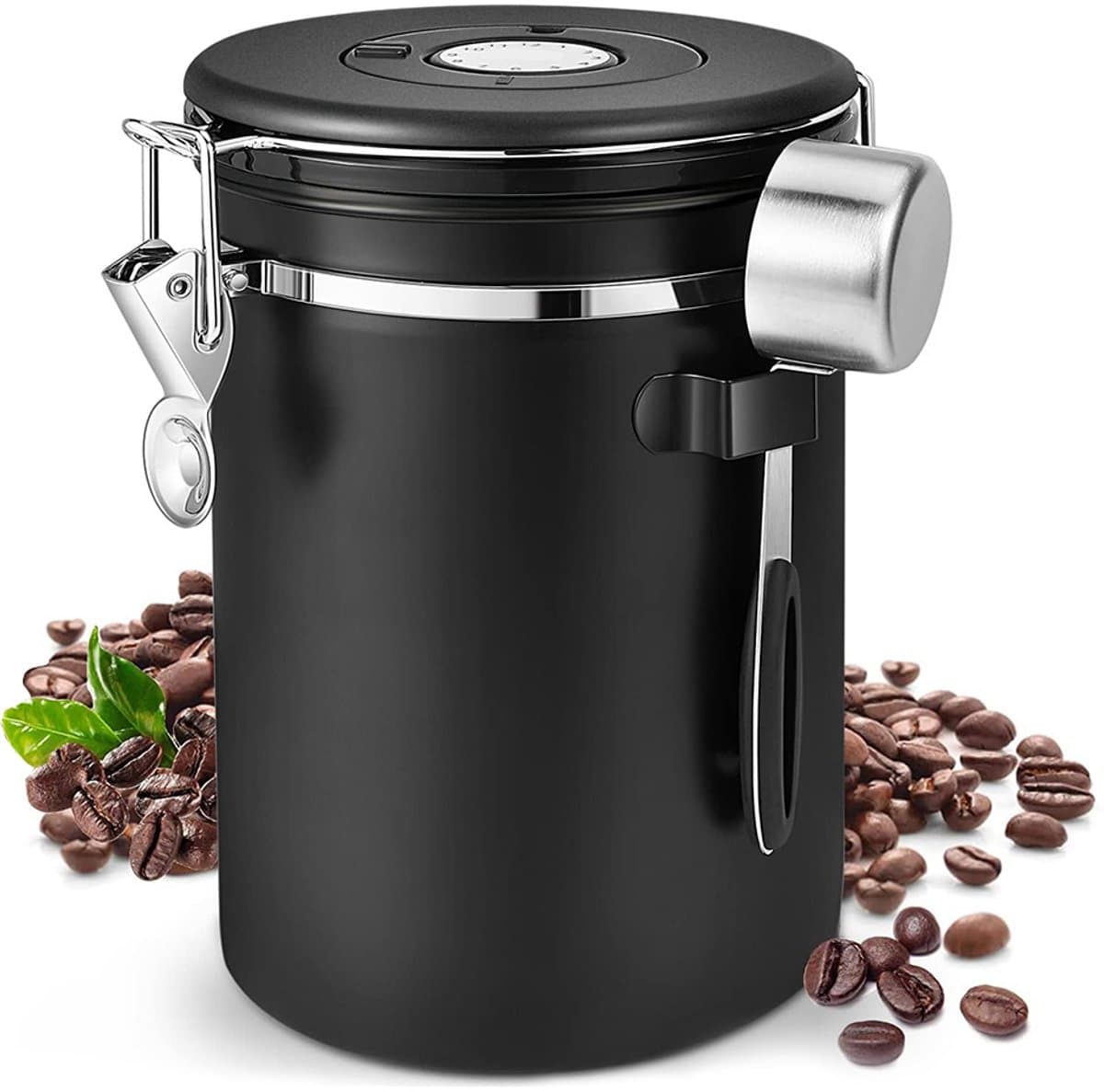 Koffieblik voor 1.8L luchtdicht, aromadicht - Luchtdichte roestvrijstalen koffiebus, met roestvrijstalen lepel en tijdregistratie-opslag