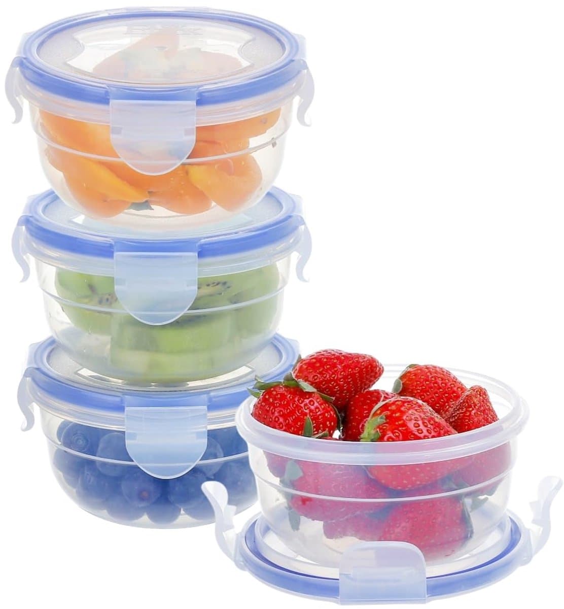 EASYLOCK 4-delige kommenset, 0,3L plastic voedselcontainers met deksel, rond, BPA-vrij, klein, stapelbaar, luchtdicht, vaatwasser-, magnetron- en vriezerbestendig (blauw)