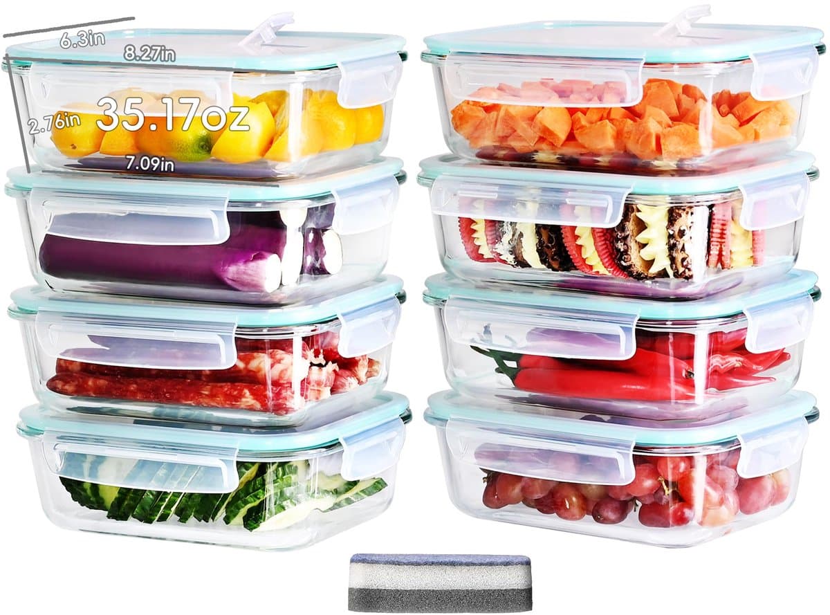 Glazen Vershoudbakjes met Deksel - Van Borosilicaatglas - Oven-, Magnetron- & Vriezerbestendig (-40°C tot 560°C) - Met 4-Punts Sluiting - Voor Meal Prep - 8x 1040 ml