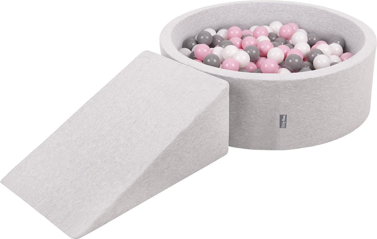KiddyMoon Foam speeltuin met helling 200 ballen - Schuim ballenbad - Hindernisbaan baby - Wasbare hoes - Lichtgrijs: Wit Grijs Poederroze