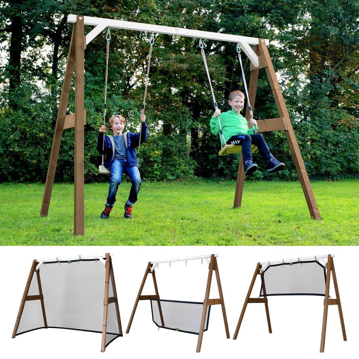 AXI 4-in-1 SportsFun in Bruin/Wit - 4-in-1 Frame voor schommel, voetbal, volleybal en tennis - Schommelframe met net voor diverse sporten - FSC hout