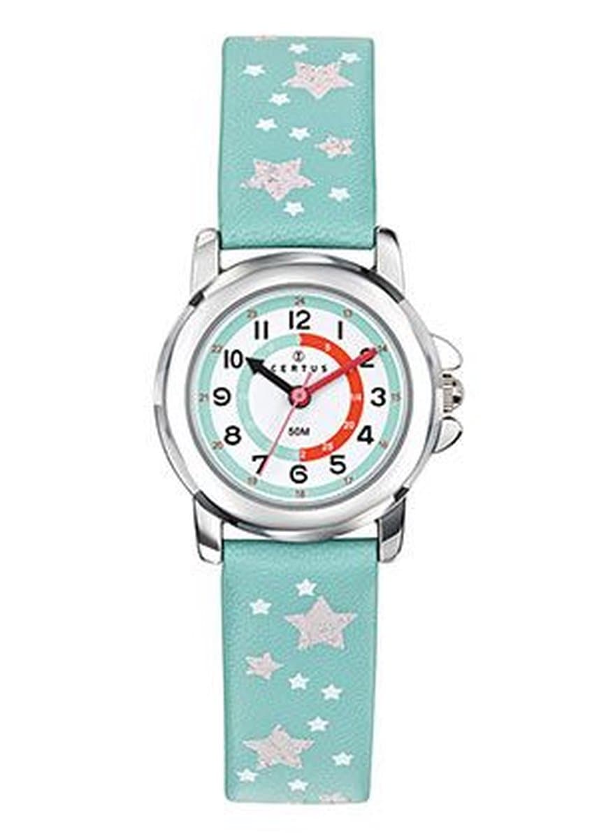 Certus-Kinderhorloge-Mintgroen lederen band-Sterretjes.