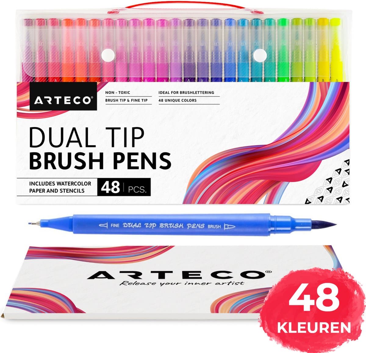 ARTECO® 48 Brush Pennen - Inclusief Aquarel Papier en Sjablonen - Dual Tip Penseelstift - Fineliners en Brushlettering Brush Stiften - Twinmarkers - Cadeau