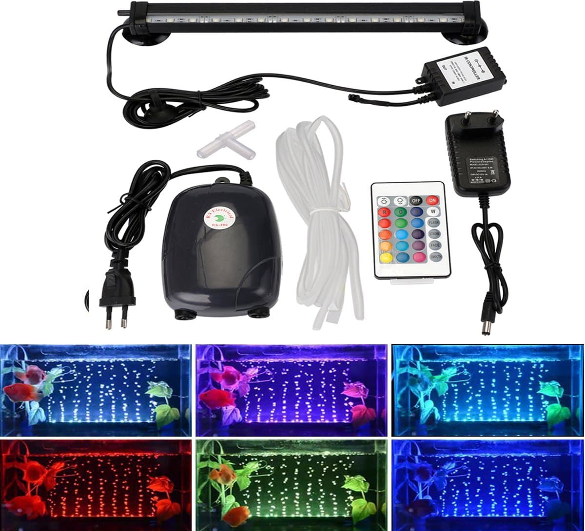 Aquarium LED Verlichting RGB met mogenlijkheid voor Luchtbellen 19 cm – 9 LED’s – Exclusief Luchtpomp – IP68 Onderwater Lamp – Met Afstandsbediening