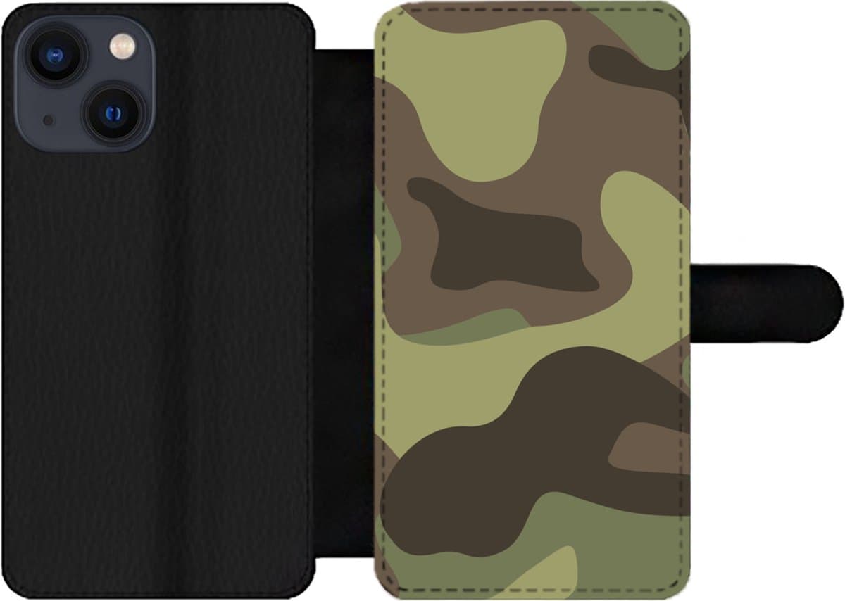 Telefoonhoesje Geschikt voor iPhone 13 Mini telefoonhoesje - Illustratie van een camouflage patroon - Met vakjes - Wallet case met magneetsluiting