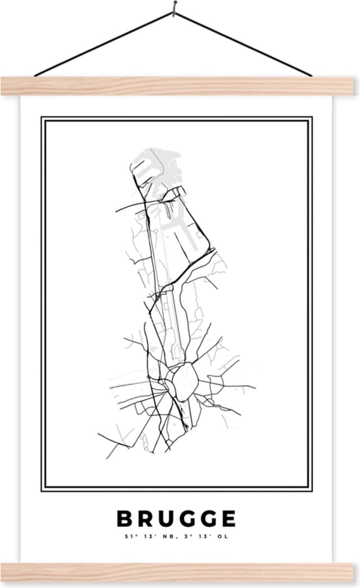 Posterhanger incl. Poster 120x180 cm - Schoolplaat - Plattegrond - België – Brugge – Zwart Wit – Stadskaart - Kaart - Textielposter - Blanke latten - Stadskaart