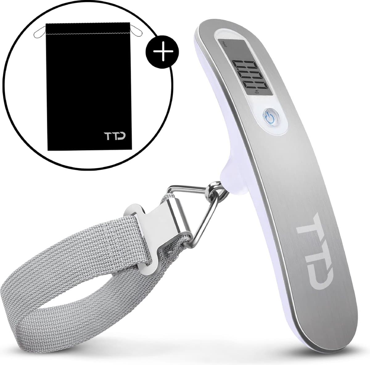 TTD® Kofferweegschaal met Travel Bag - Weegcapaciteit 50 kg - Bagageweegschaal - Bagageweger - Hangweegschaal - Digital Luggage Scale - Kofferweger - Reizen met Vliegtuig - kg/g/lbs/oz - Inclusief Batterijen - Wit