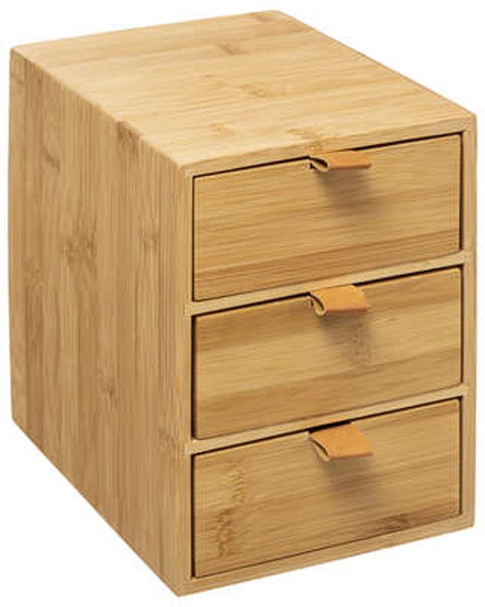 5five Bamboe en leren opbergdoos - 3 lades, lichtbruin, 20 x 15 x 21 cm