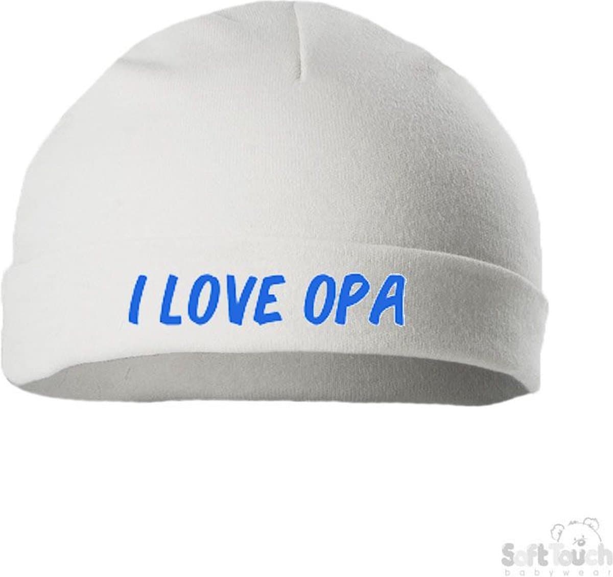 Soft Touch Mutsje Rolmutsje Bedrukt "I Love Opa" Wit/blauw Maat 0-3 maanden Maat 56/62