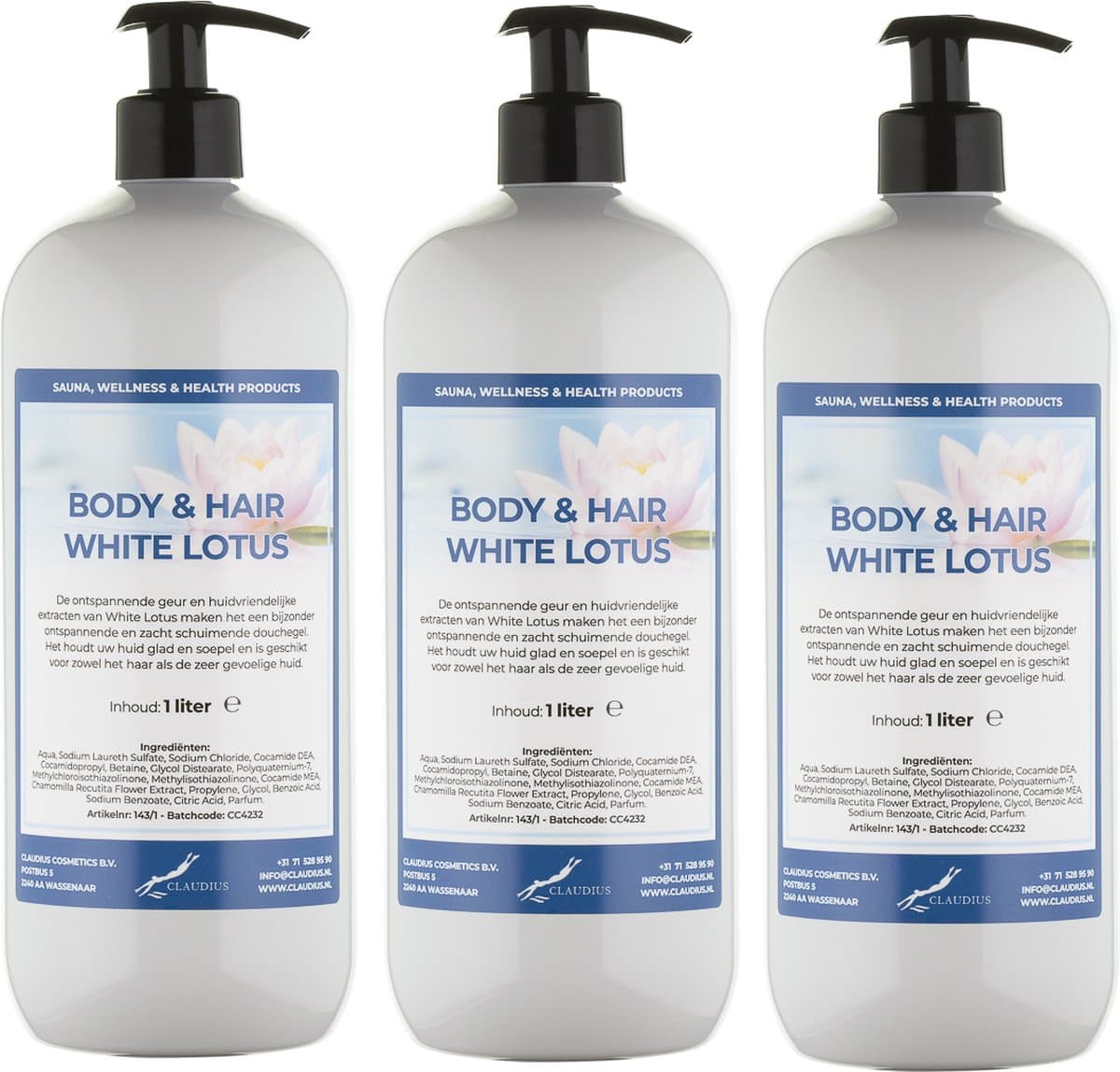 Body & Hair White Lotus 1 Liter - met gratis pomp - set van 3 stuks - 2 in 1 voor lichaam en haar.