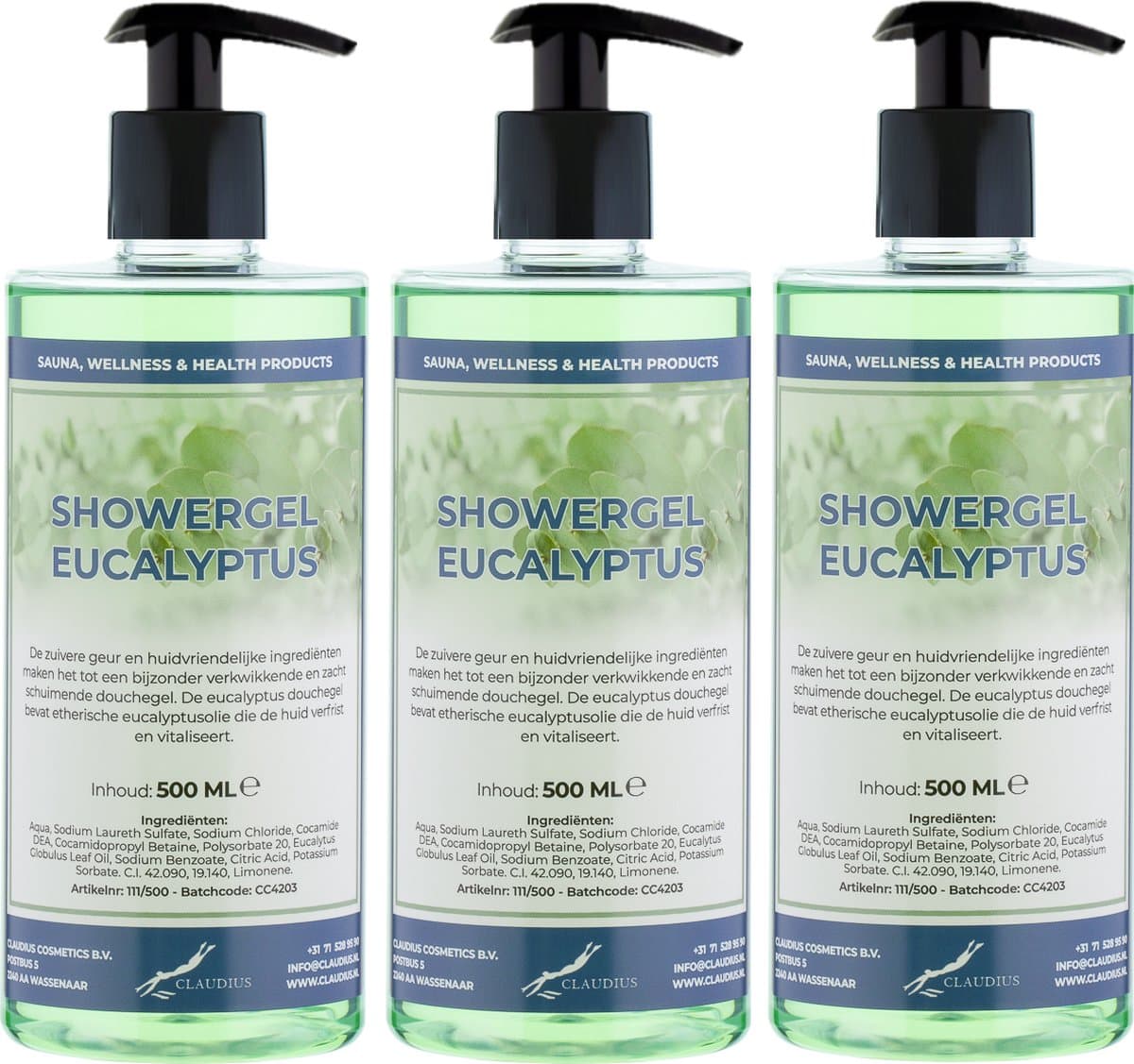 Douchegel Eucalyptus 500 ml - set van 3 stuks - met gratis pomp - Showergel