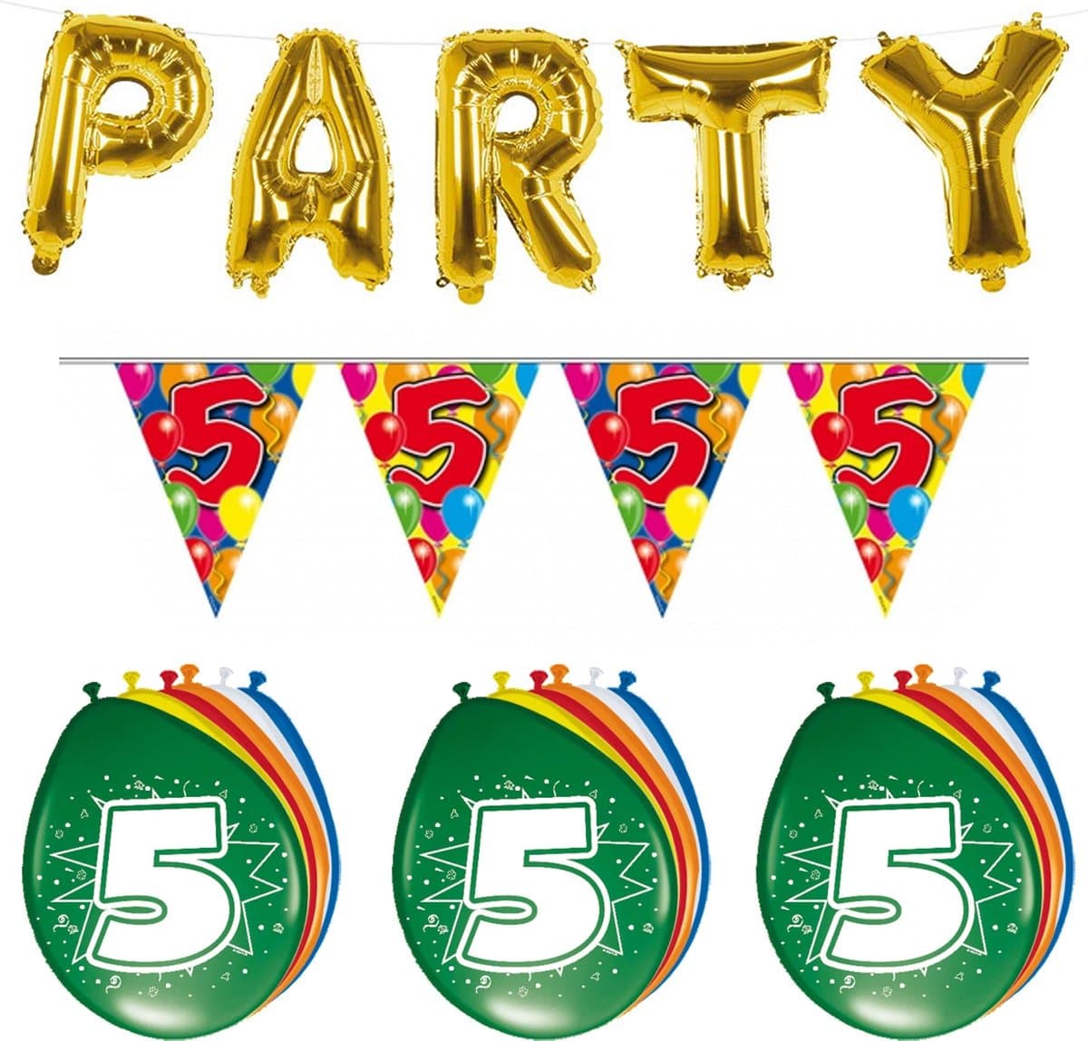 Folat - Verjaardag feestversiering 5 jaar PARTY letters en 16x ballonnen met 2x plastic vlaggetjes
