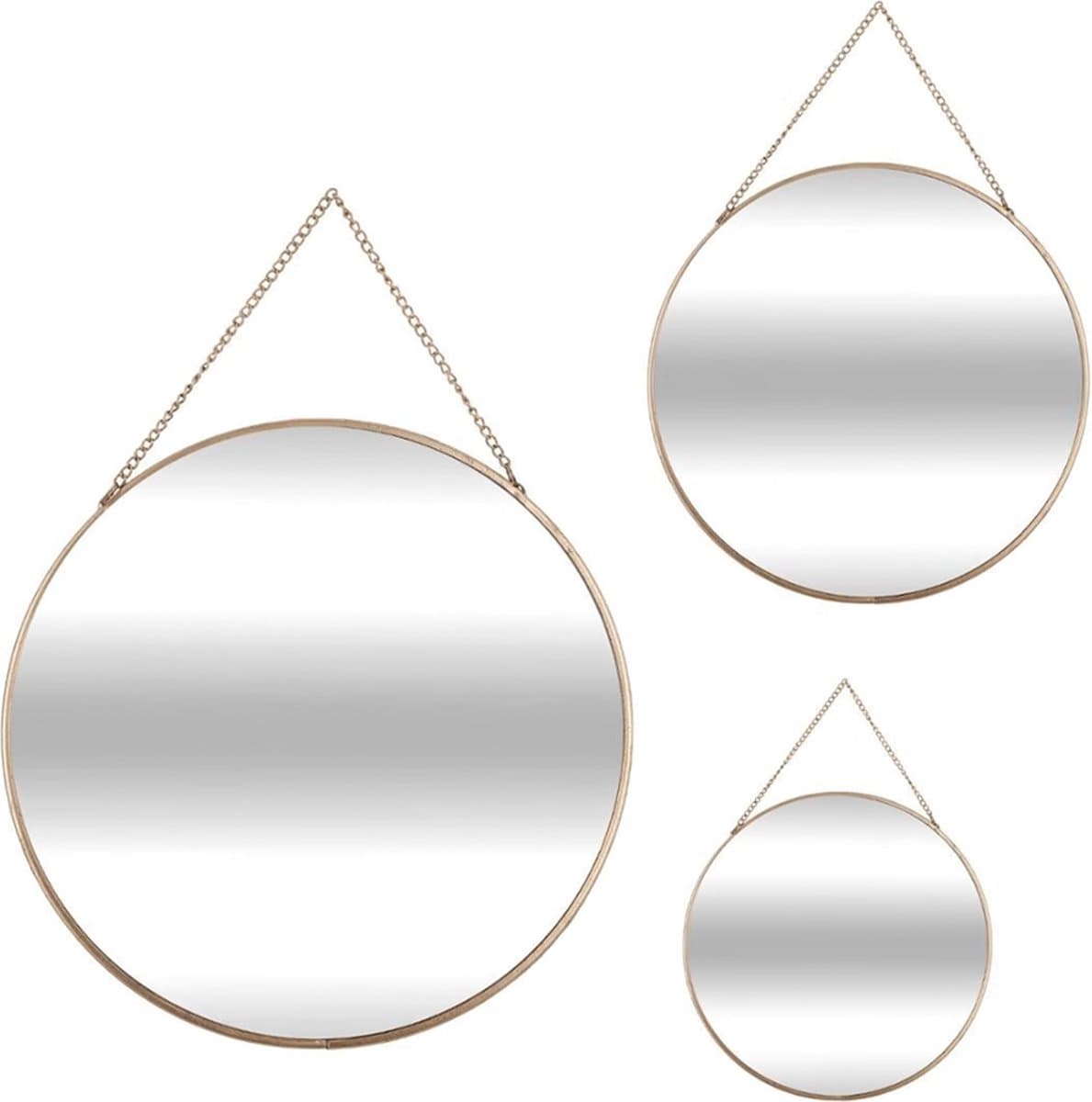 Set van 3 ronde Leny-spiegels met gouden metalen ketting
