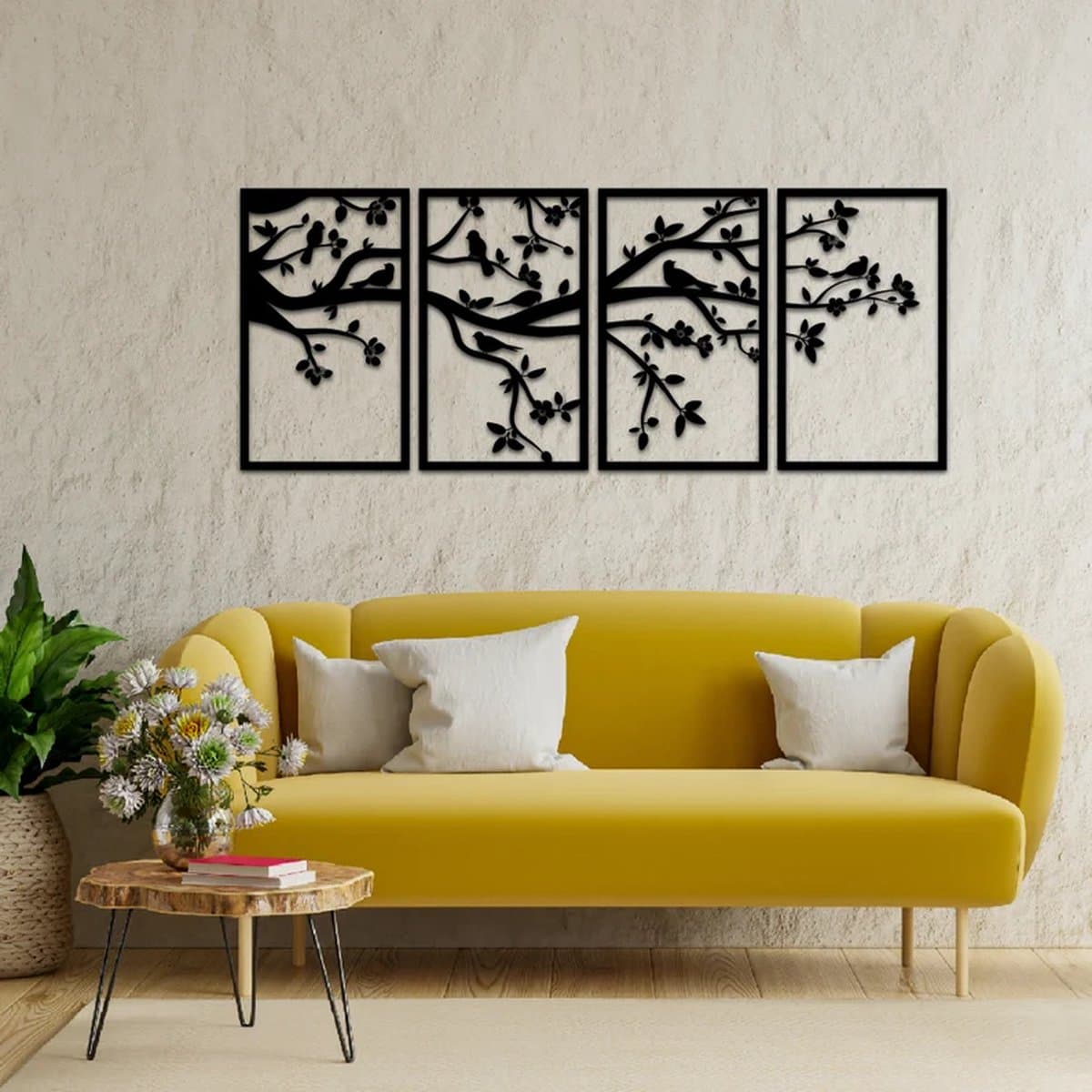 Metalen Wanddecoratie Levensboom Panelen – 3D Wandkunst – Zilver – 84 x 210 cm – Set van 4