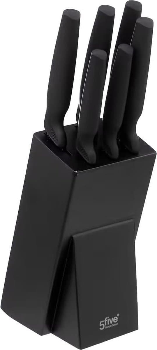 5five messen set met houten blok - 6 stuks, roestvrij staal, 10,1 x 12,5 x 34 cm