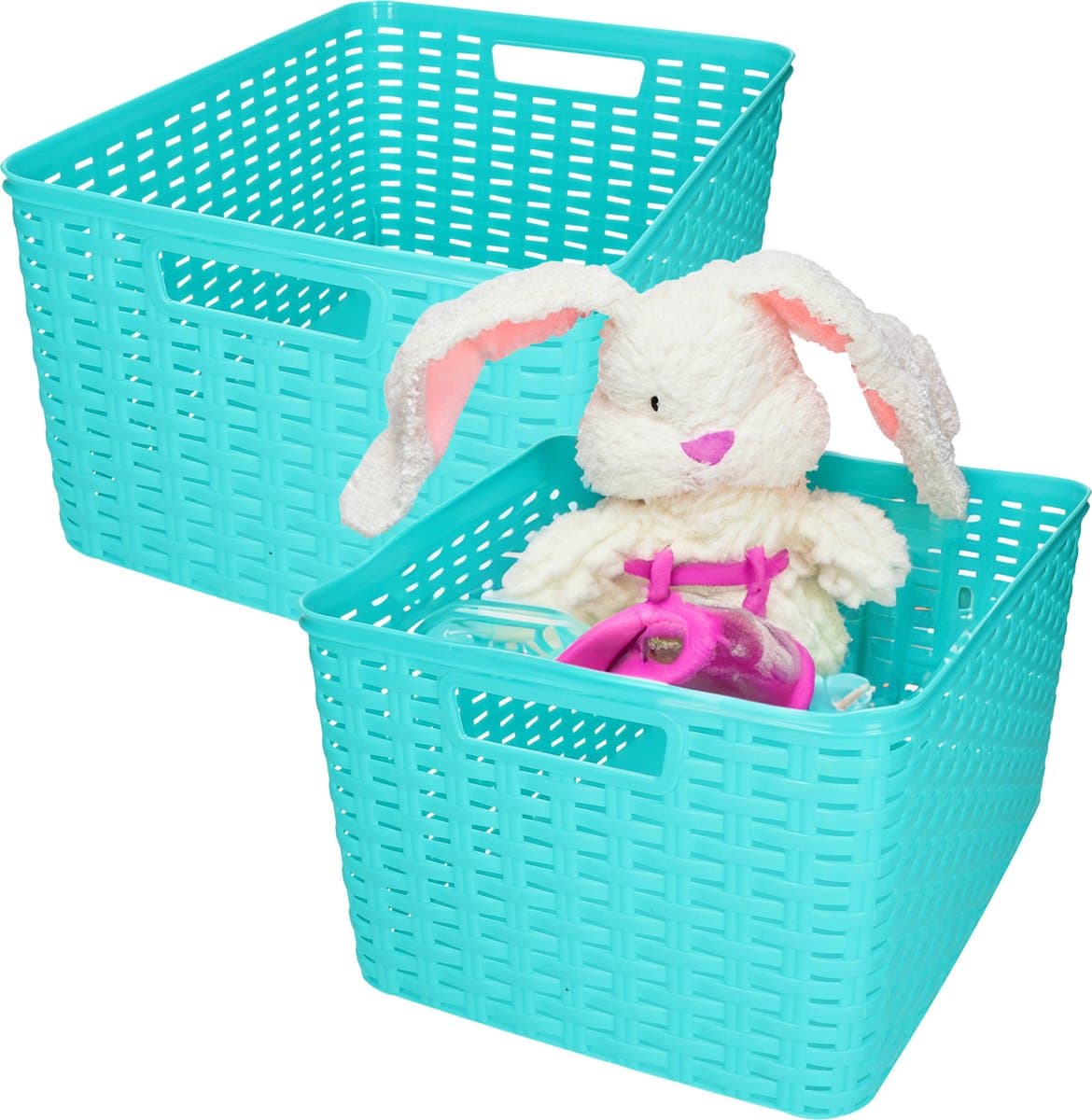 Plasticforte Opbergmand - 2x - Kastmand - rotan kunststof - turquoise blauw - 18 Liter - 29 x 39 x 20 cm