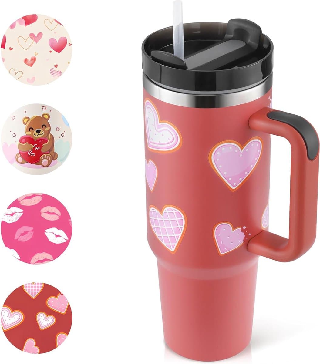 Frauentag Thermosbeker met Rietje en Handvat, 1200 ml Roestvrij Staal voor Warme en Koude Dranken, Speciaal Geschenk voor Meisjes, Moeders, Geliefden, Vrienden, Rood