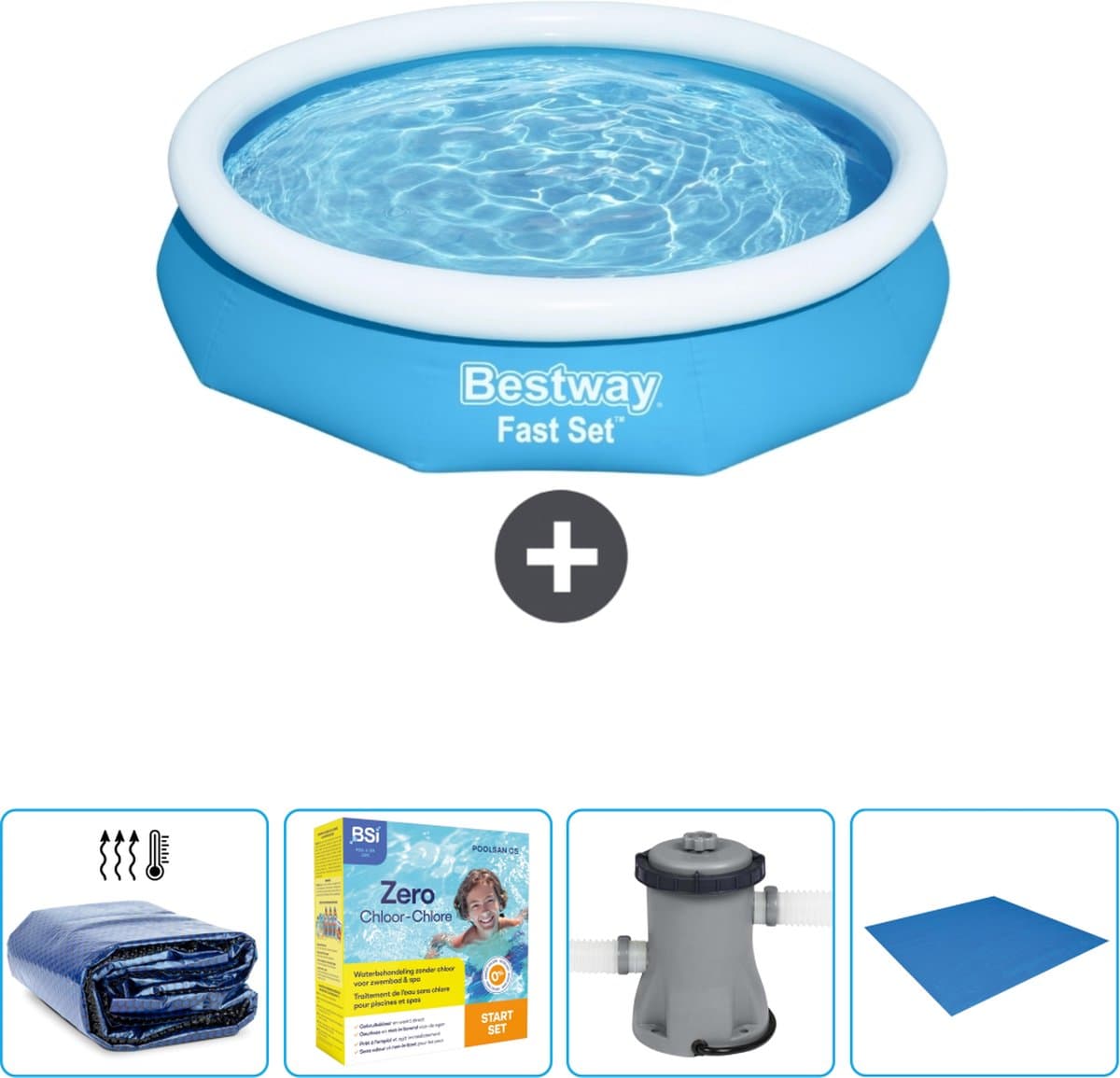 Bestway Rond Opblaasbaar Fast Set Zwembad - 305 x 66 cm - Blauw - Inclusief Solarzeil - Onderhoudspakket - Pomp - Grondzeil