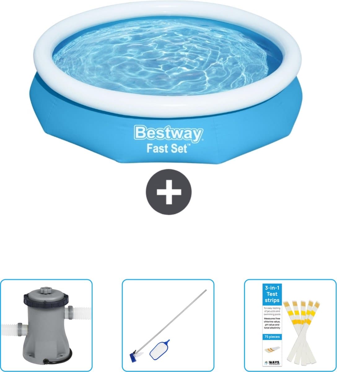 Bestway Rond Opblaasbaar Fast Set Zwembad - 305 x 66 cm - Blauw - Inclusief Pomp - Schoonmaakset - Testrips