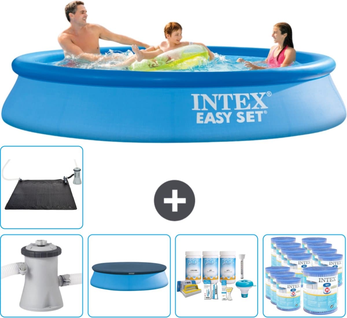 Intex Rond Opblaasbaar Easy Set Zwembad - 305 x 61 cm - Blauw - Inclusief Pomp Afdekzeil - Onderhoudspakket - Filters - Solar Mat