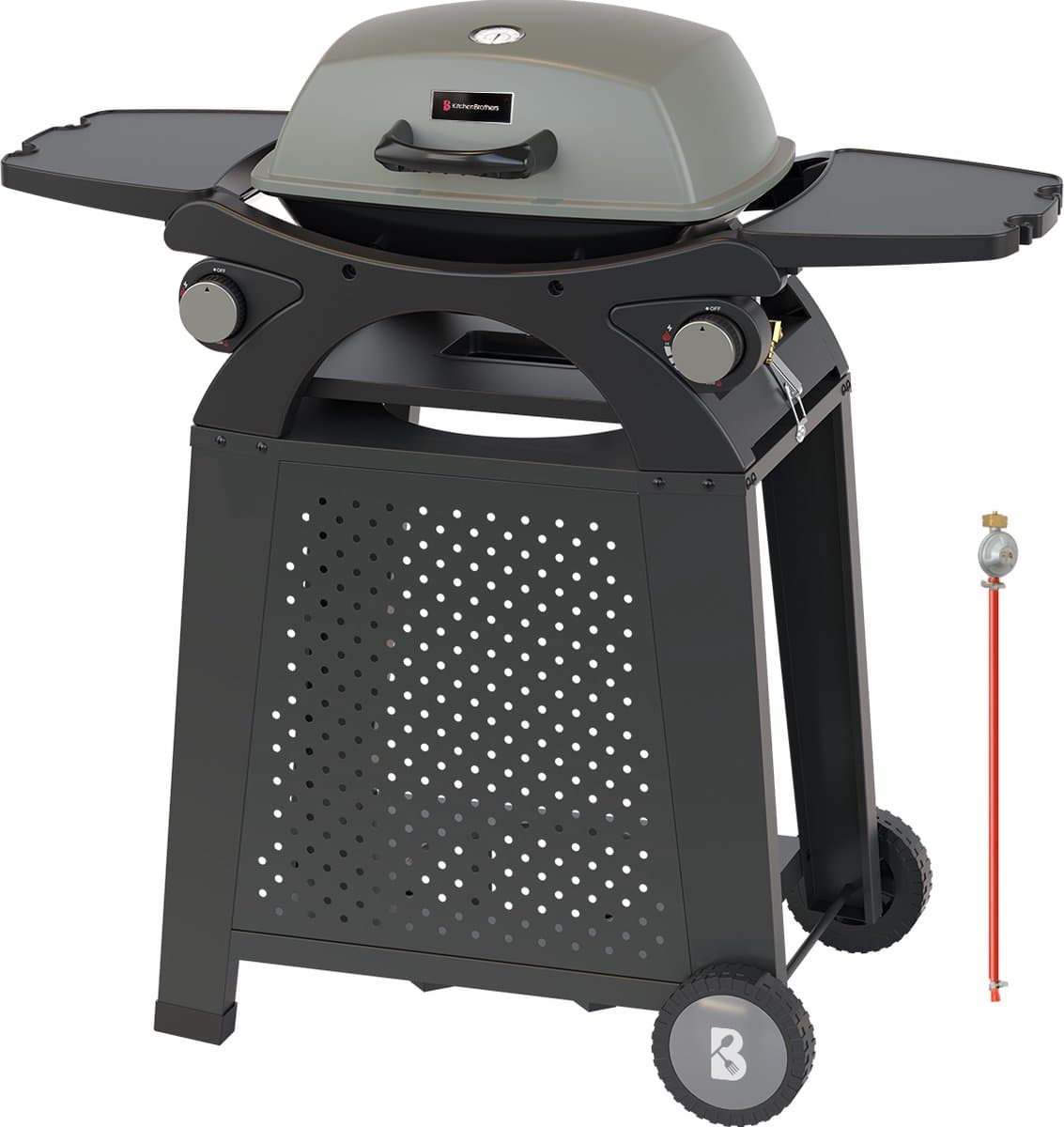 KitchenBrothers Gas BBQ - PFAS en BPA Vrij - Staand en Tafelmodel Barbecue - 2 Branders - Tafelbarbecue - Anti-aanbaklaag - 37x48 cm Grilloppervlak - Zwart