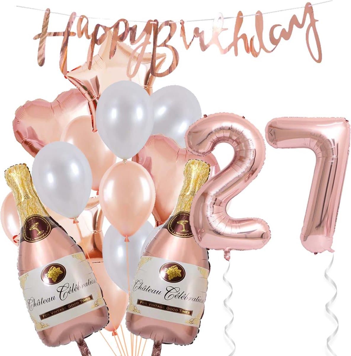 27 Jaar Verjaardag Cijferballon 27 - Feestpakket Snoes Ballonnen Pop The Bottles - Rose White Versiering