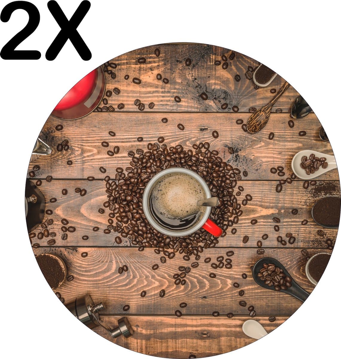 BWK Flexibele Ronde Placemat - Koffie molens en Schepjes - Set van 2 Placemats - 40x40 cm - PVC Doek - Afneembaar