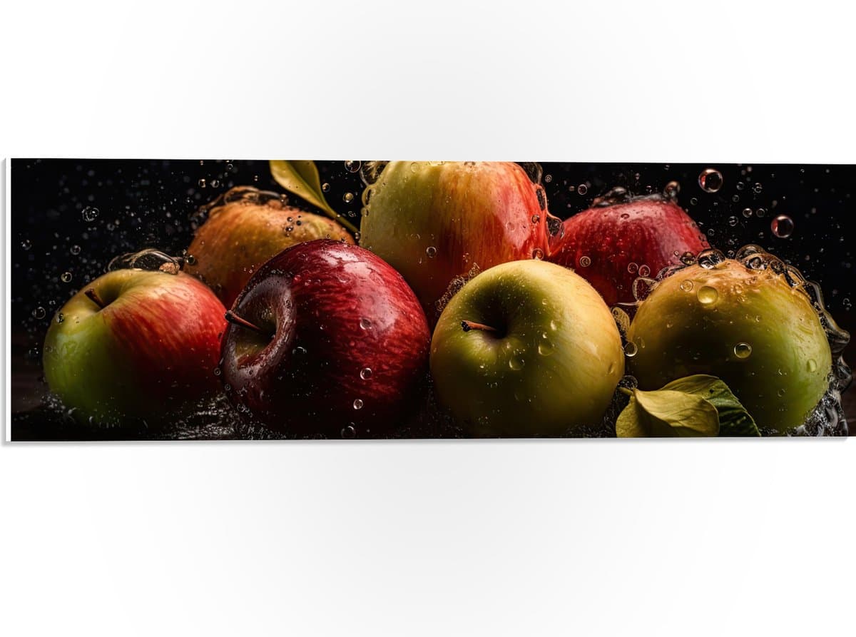PVC Schuimplaat- Plens Water op Appels tegen Zwarte Achtergrond - 60x20 cm Foto op PVC Schuimplaat