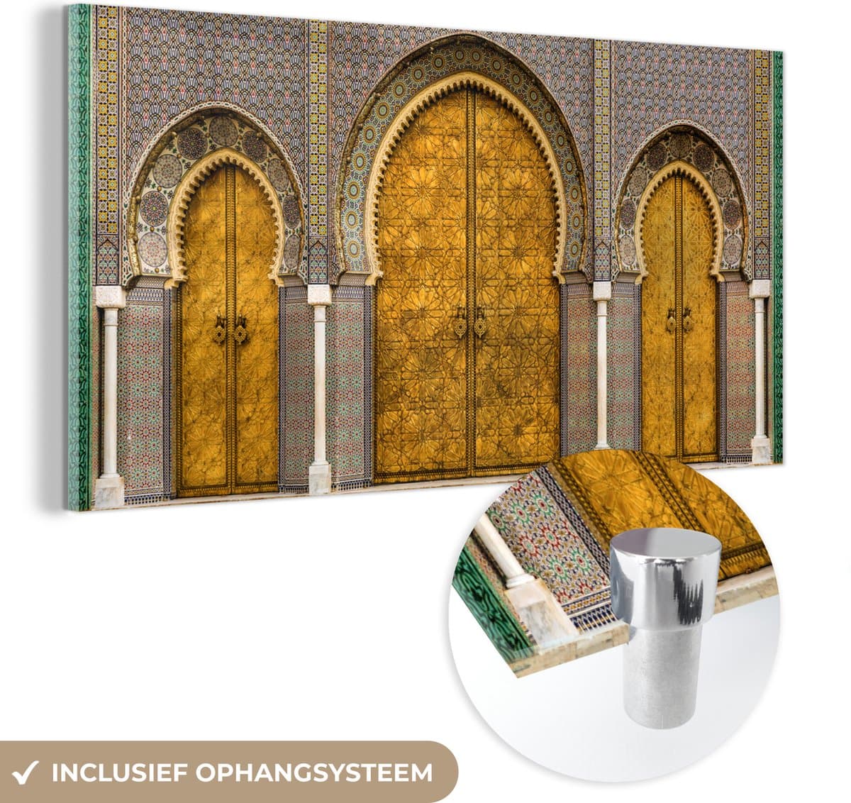 MuchoWow® Glasschilderij 80x40 cm - Schilderij acrylglas - Deuren - Architectuur - Goud - Patronen - Foto op glas - Schilderijen