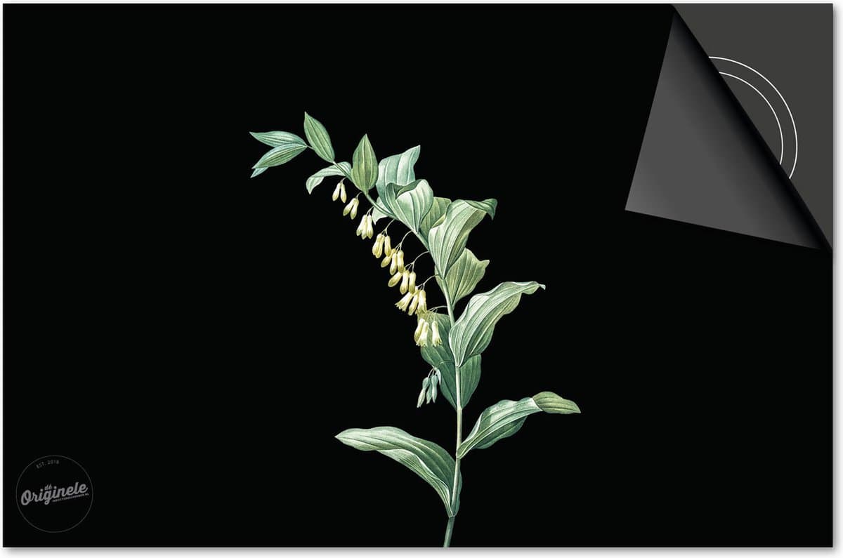 Inductie beschermer 83x51,5 - afdekplaat inductie mat - Dietrix Kookplaat beschermer - Base - Botanical - Plantje kelkjes op zwart