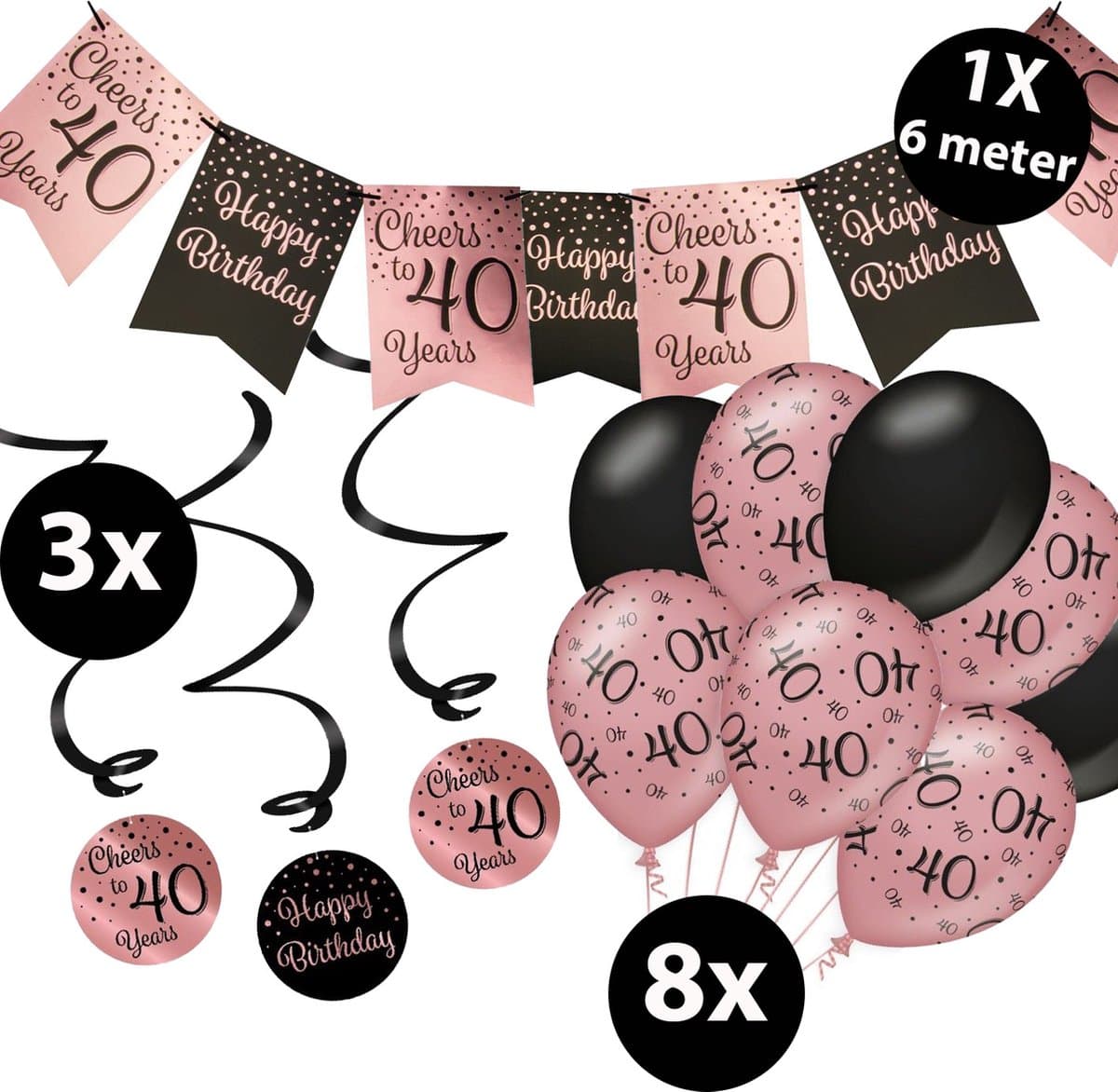 Verjaardag Versiering Pakket 40 jaar Roze en Zwart - Ballonnen Zwart & Roze (8 stuks) - Vlaggenlijn Rosé en Zwart 6 meter (1 stuks) - Vlaggenlijn gekleurd 40 jarige - Vlaggetjes Slinger Verjaardag 40 Birthday - Birthday Party Decoratie (40 Jaar)