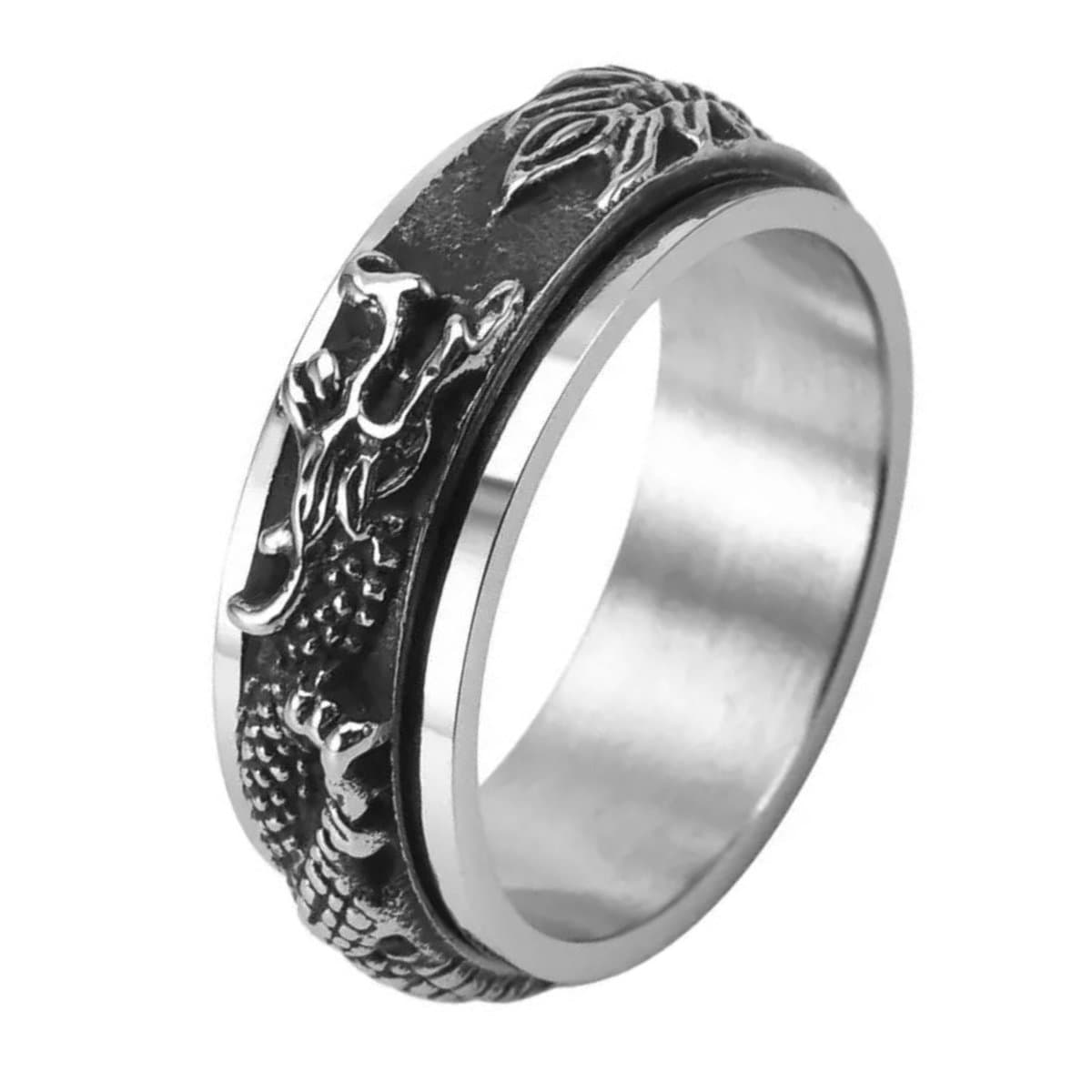 Anxiety Ring - (Draak) - Stress Ring - Fidget Ring - Anxiety Ring For Finger - Draaibare Ring - Spinning Ring - Zilverkleurig RVS - (20.75 mm / maat 65)