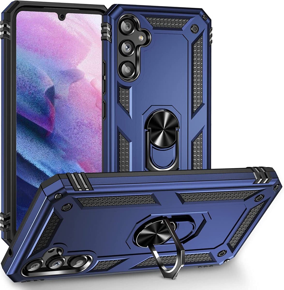 HB Hoesje Geschikt voor Samsung Galaxy A54 5G Blauw - Anti-Shock Hybrid Armor Back Cover - Hoes met Kickstand Ring