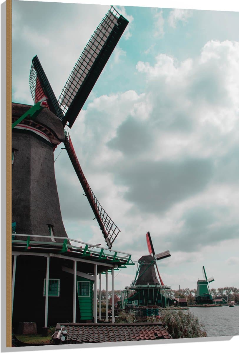 Hout - Windmolens met Groene Details aan het Water - 80x120 cm - 9 mm dik - Foto op Hout (Met Ophangsysteem)