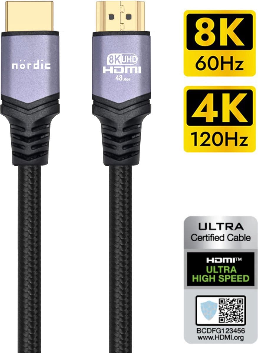 NÖRDIC HDMI-N1017A Ultra high speed HDMI Kabel - HDMI 2.1 - 8K 60Hz, 4K 120Hz - 48Gbps - Dynamische HDR, eARC, VRR - Gevlochten nylondraad - 1.5m - Spacegrijs